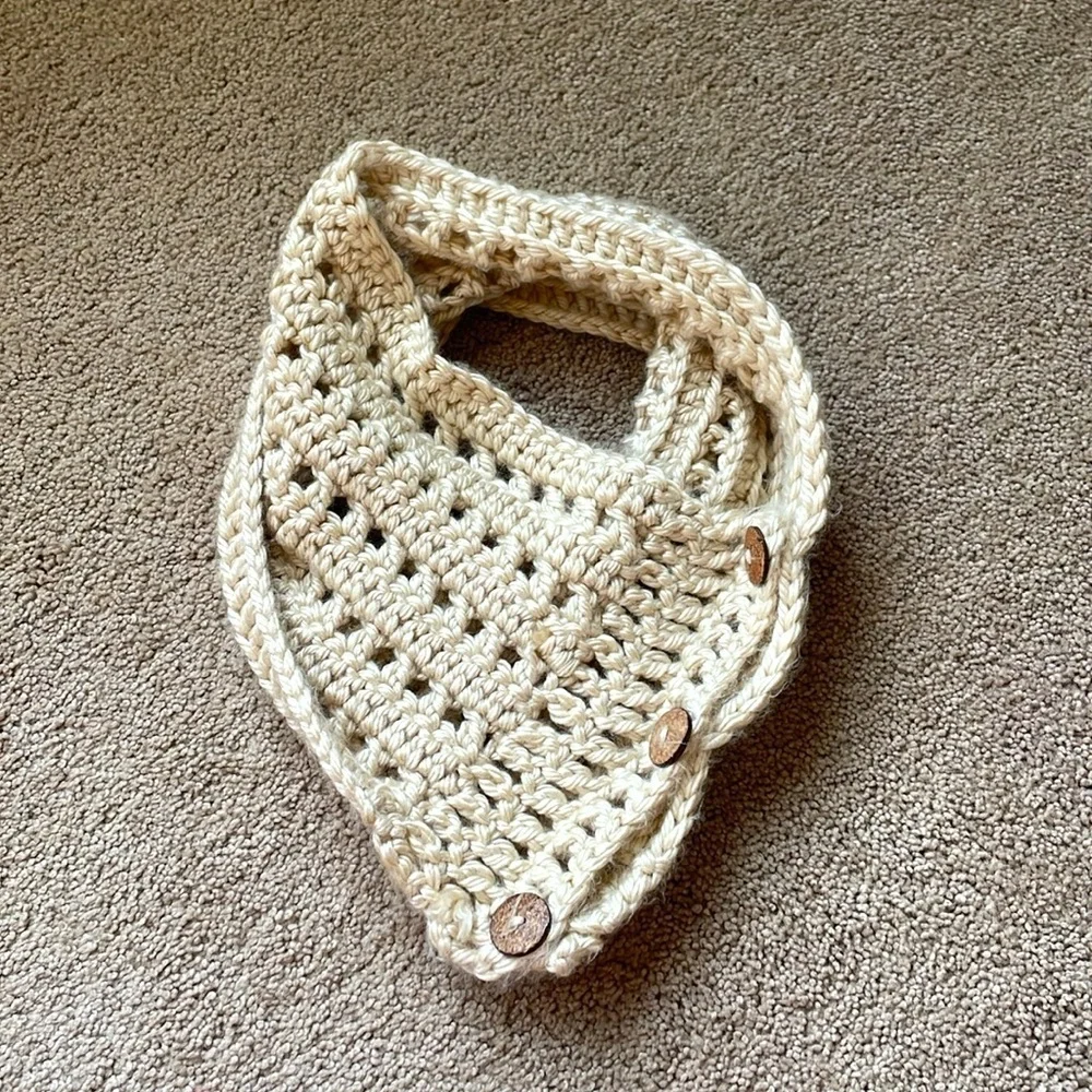 Chunky Knit Beige Cowl Scarf Three Button Hand Knit Boho Hygge Scandi Girl